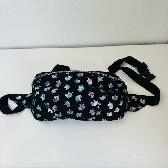 Black Iridescent Unicorn Print Adjustable Strap Belt Bag - Picture 1 of 4
